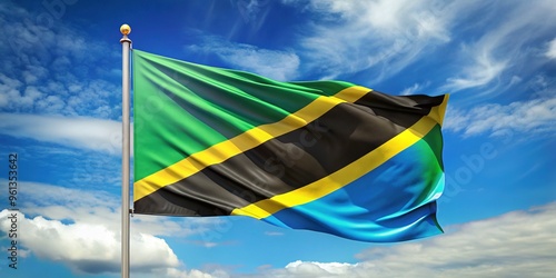Vibrant yellow, blue, and black tricolor waving in the wind, with a white disc and a black chevron, representing the United Republic of Tanzania's rich heritage.