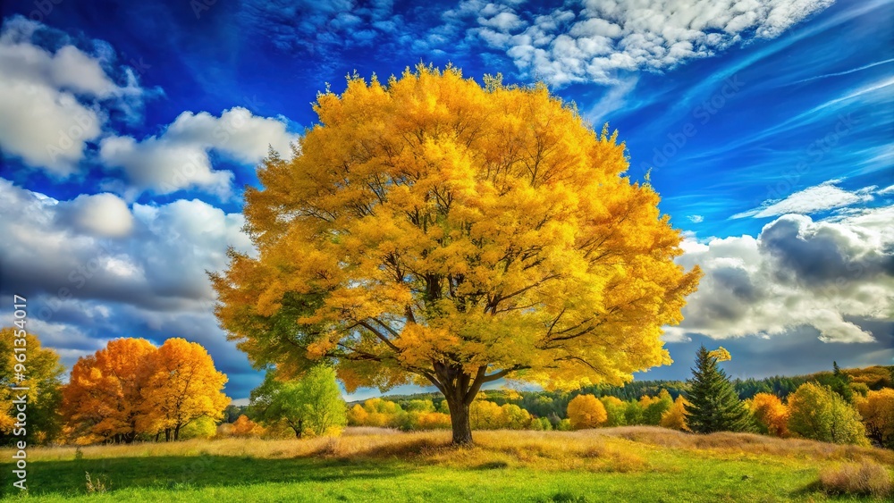 Vibrant yellow deciduous tree stands tall amidst lush green foliage, its bright autumn hue radiating warmth against a clear blue sky with puffy white clouds. Vibrant yellow deciduous tree stands tall amidst lush green foliage, its bright autumn hue radiating warmth against a clear blue sky with puffy white clouds.