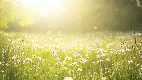 Summer Meadow with White Flowers and Golden Sunlight