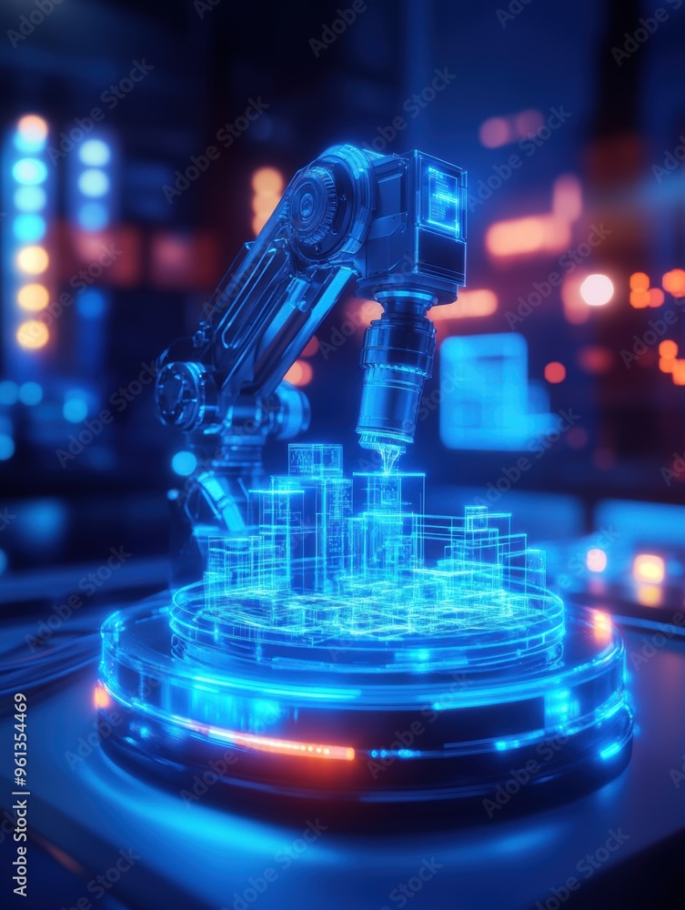 A robotic arm projects a holographic blueprint of a machine A robotic arm projects a holographic blueprint of a machine