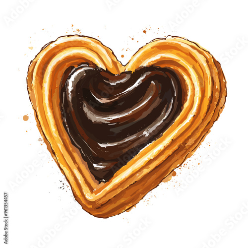 Heart-Shaped Churro Cookie with Chocolate Sauce Vector Graphic