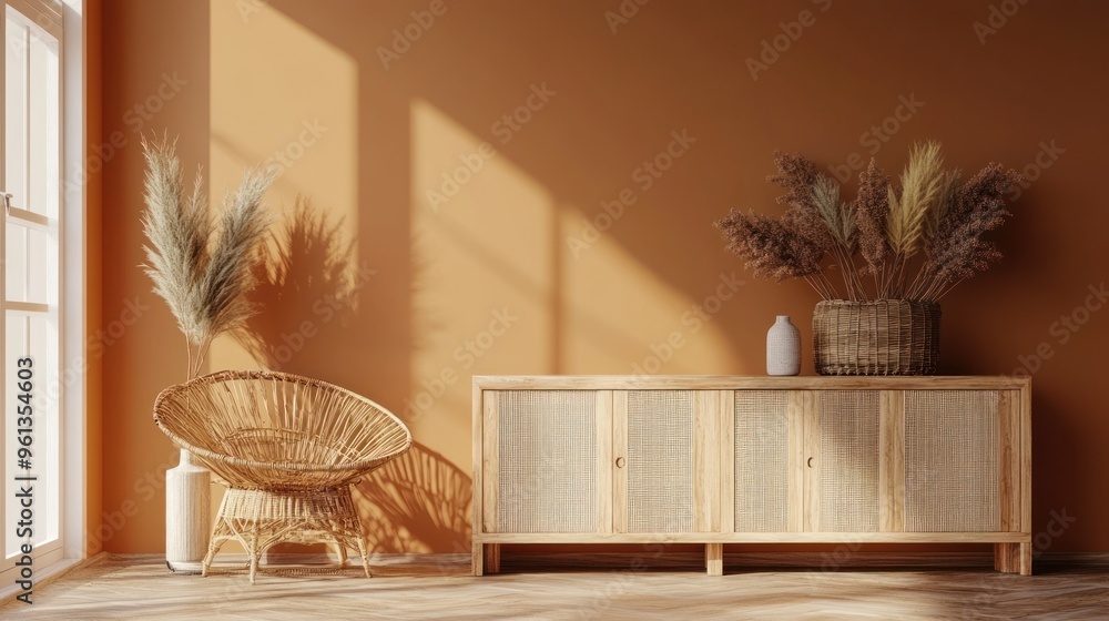 Bohemian Interior Design with Wicker Chair and Wooden Cabinet Bohemian Interior Design with Wicker Chair and Wooden Cabinet