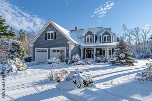 Beautiful grey home with white trim and garage in the snow, winter in New England on a sunny day with blue sky. photo