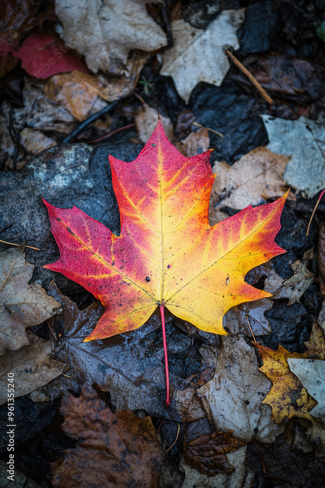 Vibrant leaves with mix of colors, laying on ground with fallen foliage in autumn Vibrant leaves with mix of colors, laying on ground with fallen foliage in autumn