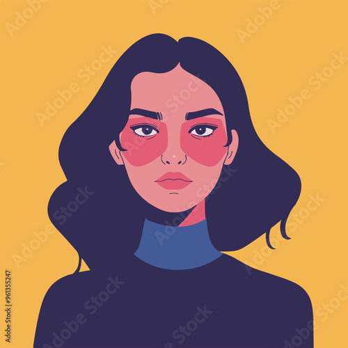 Vector portrait of a girl on a yellow background. Dark hair and red rosy cheeks on a woman's face.