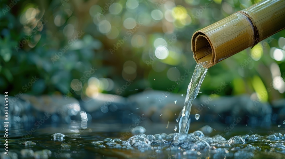 Bamboo pipes pour water into the pond Bamboo pipes pour water into the pond