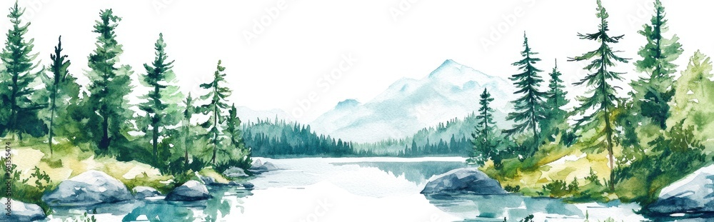 Fototapeta premium Breathtaking Watercolor Landscape with Serene Lake and Lush Pines