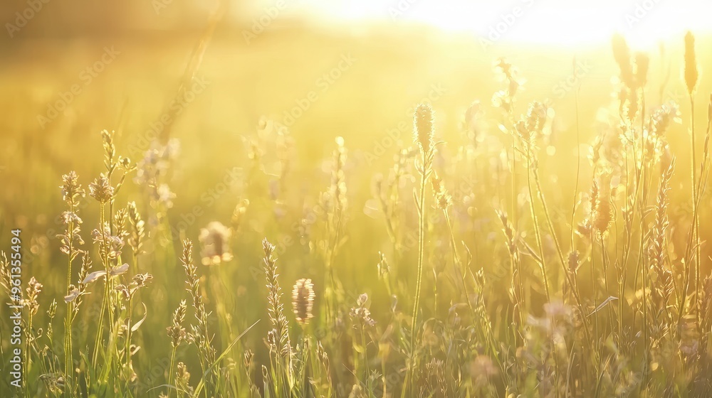 Golden Meadow Sunset with Grass and Wildflowers Golden Meadow Sunset with Grass and Wildflowers