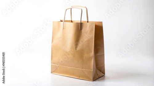 Authentic brown kraft paper bag with elegant white handles against a pure white background, perfect for creating