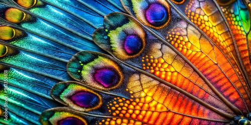 Butterfly Wings: A mesmerizing close-up of iridescent butterfly wings, revealing a kaleidoscope of vibrant colors and intricate patterns. The image captures the beauty and complexity of nature, inviti photo