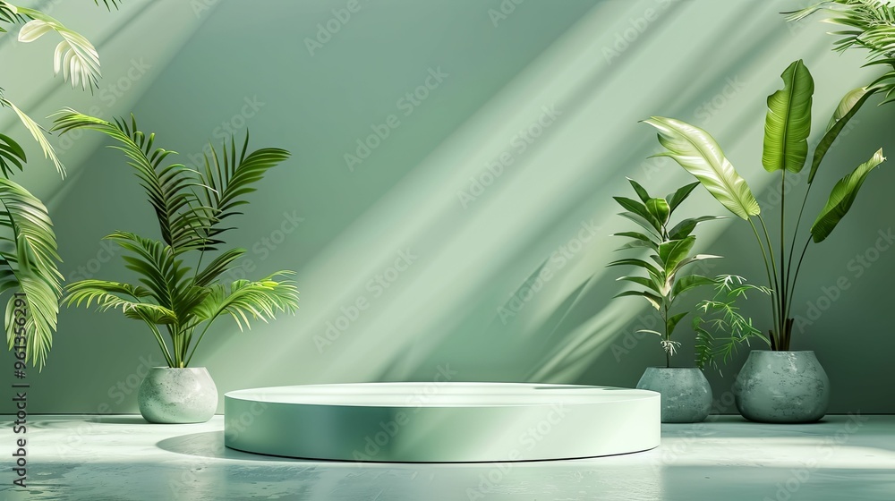 Minimalist Green Product Display with Tropical Plants Minimalist Green Product Display with Tropical Plants