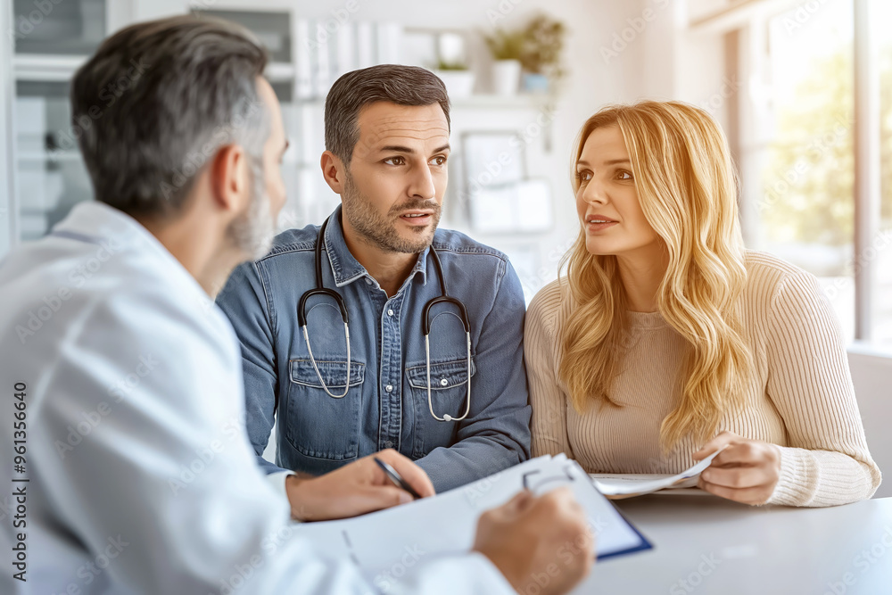 Doctor is explaining medical test results to a couple, creating a serious and attentive atmosphere Doctor is explaining medical test results to a couple, creating a serious and attentive atmosphere