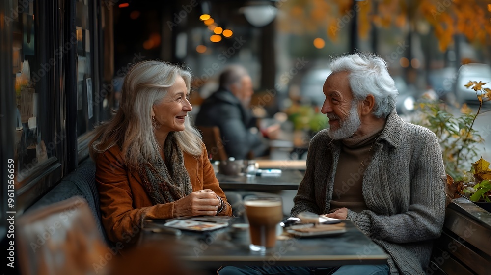 Stylish Older Adults Socializing at a Trendy Café, Enjoying Coffee and Conversations, Reflecting Modern and Vibrant Senior Life Stylish Older Adults Socializing at a Trendy Café, Enjoying Coffee and Conversations, Reflecting Modern and Vibrant Senior Life
