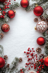Christmas background with snow covered pine branches, red berries and colorful ornaments making a frame on the white background. Christmas and New Year! Flat lay, top view. Copy space. Mock up