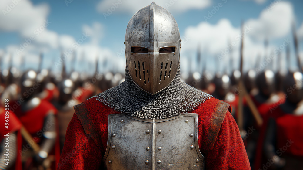 Man wearing Medieval Knights armor with heavy iron helmet Man wearing Medieval Knights armor with heavy iron helmet