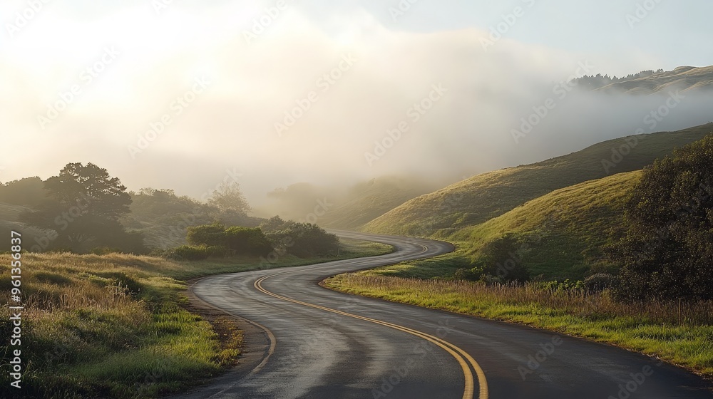 Envision a serene road through a misty valley, with fog gently enveloping the landscape. The road's quiet, Envision a serene road through a misty valley, with fog gently enveloping the landscape. The road's quiet,