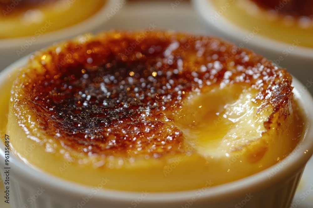 A close - up of a creme brulee with a perfectly caramelized sugar top, cracked open to reveal the creamy custard inside A close - up of a creme brulee with a perfectly caramelized sugar top, cracked open to reveal the creamy custard inside