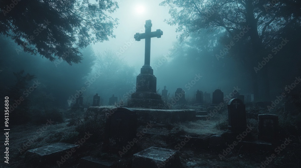 A large cross stands tall over a graveyard shrouded in mist, creating an eerie and atmospheric scene. . A large cross stands tall over a graveyard shrouded in mist, creating an eerie and atmospheric scene. .