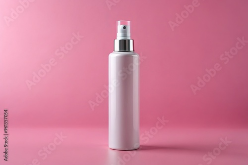 A vibrant pink backdrop holds a sleek, silver hair spray bottle with a delicate tail and a trigger