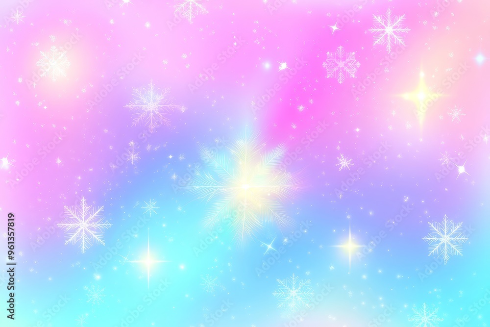 Background with shiny snowflakes in light blue and pink colors. Blurry photo with snowflakes, frost pattern, flares of light. Background with shiny snowflakes in light blue and pink colors. Blurry photo with snowflakes, frost pattern, flares of light.
