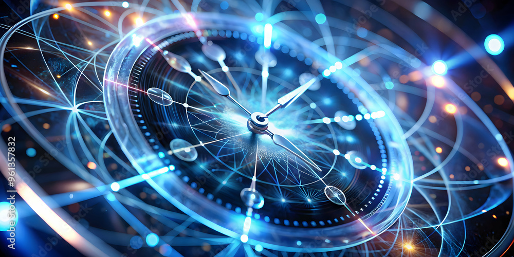 Obraz premium Time's Flow: Abstract Clock in Blue and Gold, A mesmerizing abstract clock face with a spinning second hand, captured in a vibrant blue and gold color scheme, symbolic of the continuous flow of time