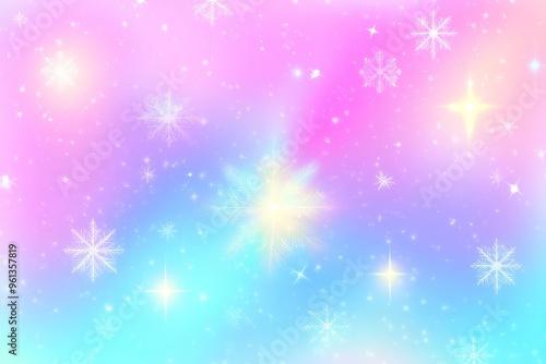 Background with shiny snowflakes in light blue and pink colors. Blurry photo with snowflakes, frost pattern, flares of light.