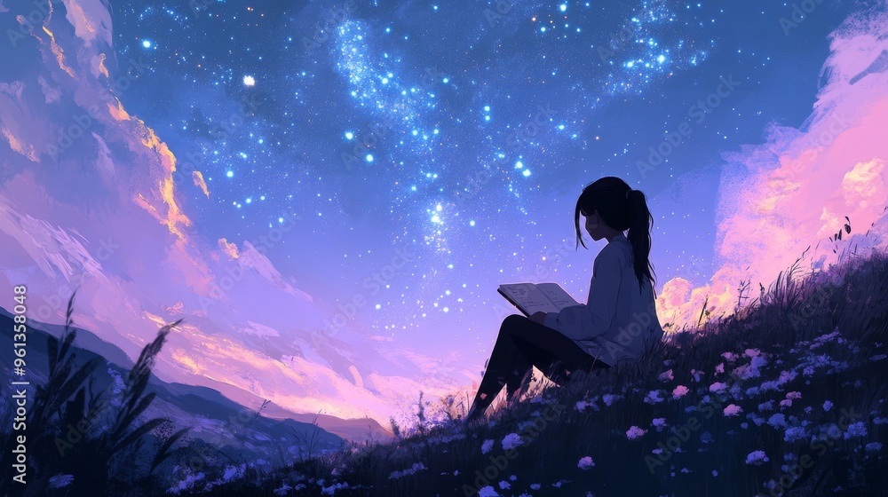 A lone figure sits in a field, lost in thought under a sky full of stars. The peaceful scene is filled with a sense of tranquility. . A lone figure sits in a field, lost in thought under a sky full of stars. The peaceful scene is filled with a sense of tranquility. .