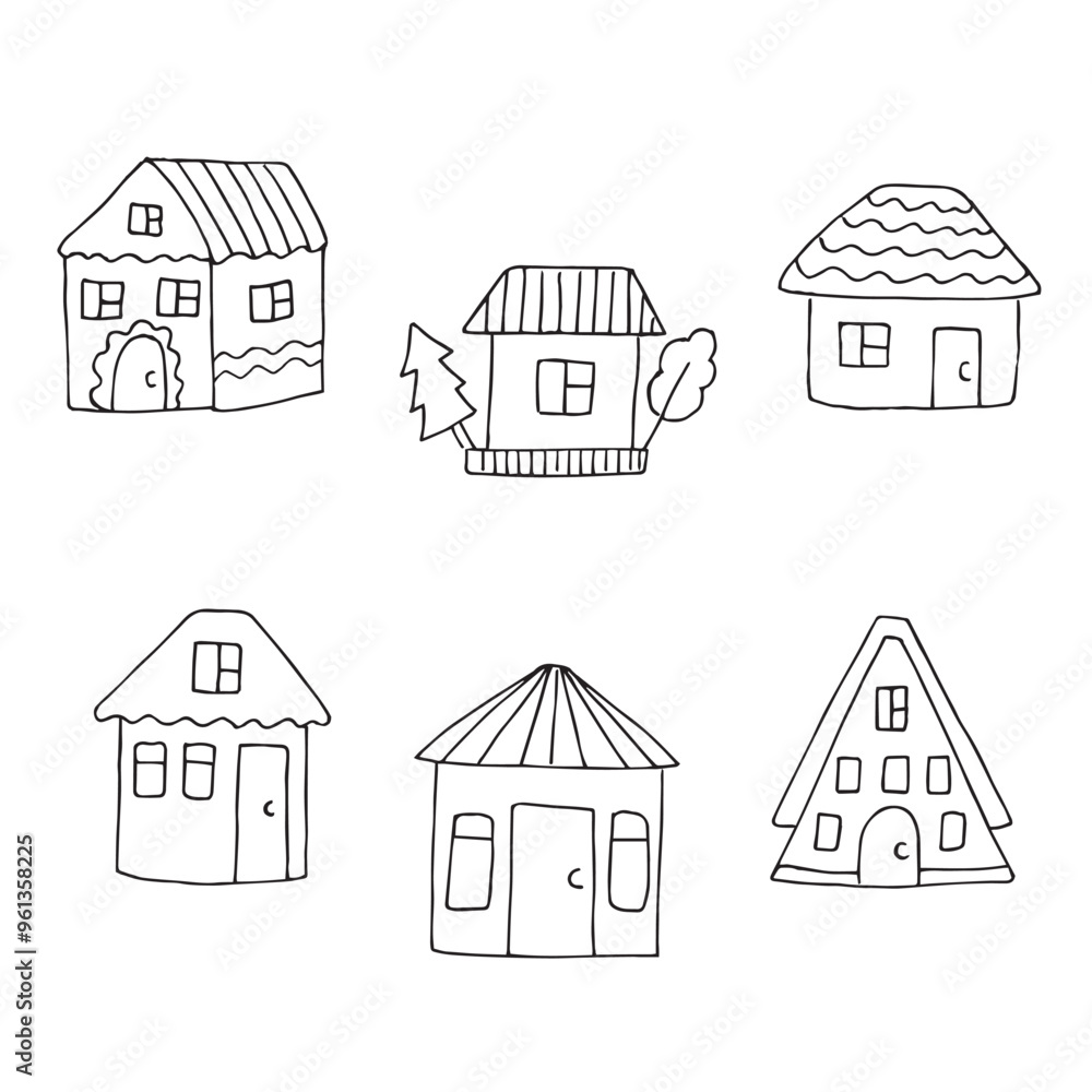 Gingerbread house set, vector illustration hand drawn doodles Gingerbread house set, vector illustration hand drawn doodles