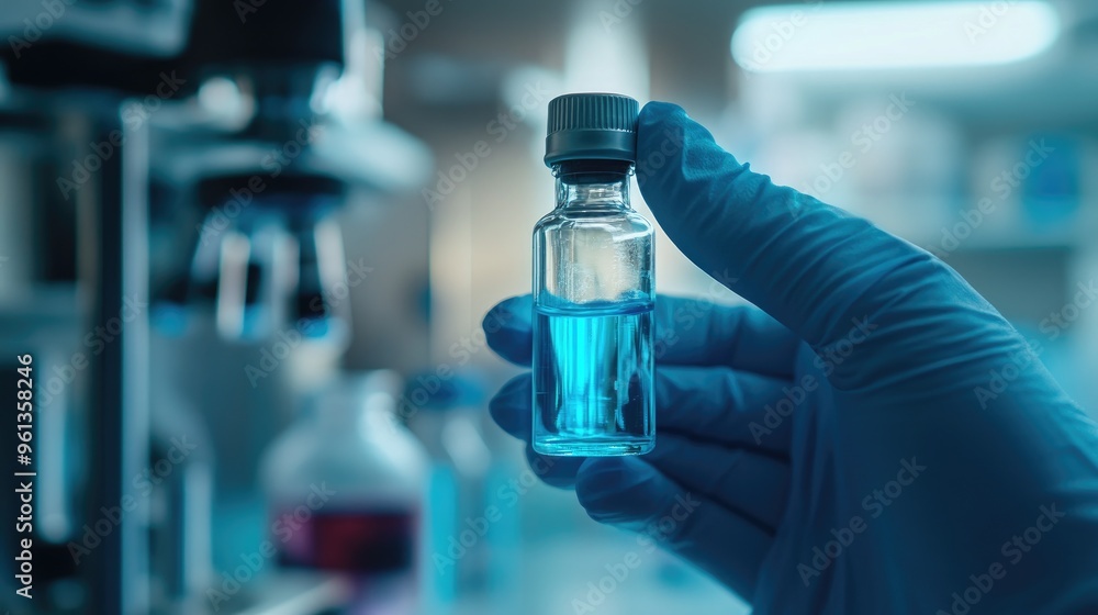 A gloved hand holds a vial of blue liquid in a laboratory setting. A gloved hand holds a vial of blue liquid in a laboratory setting.