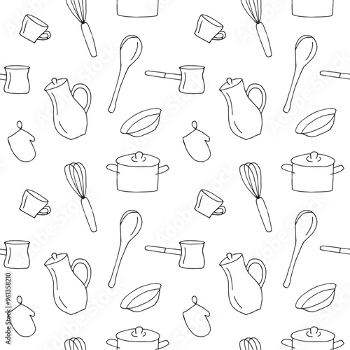 Kitchen equipment seamless pattern, vector illustration hand drawn doodles