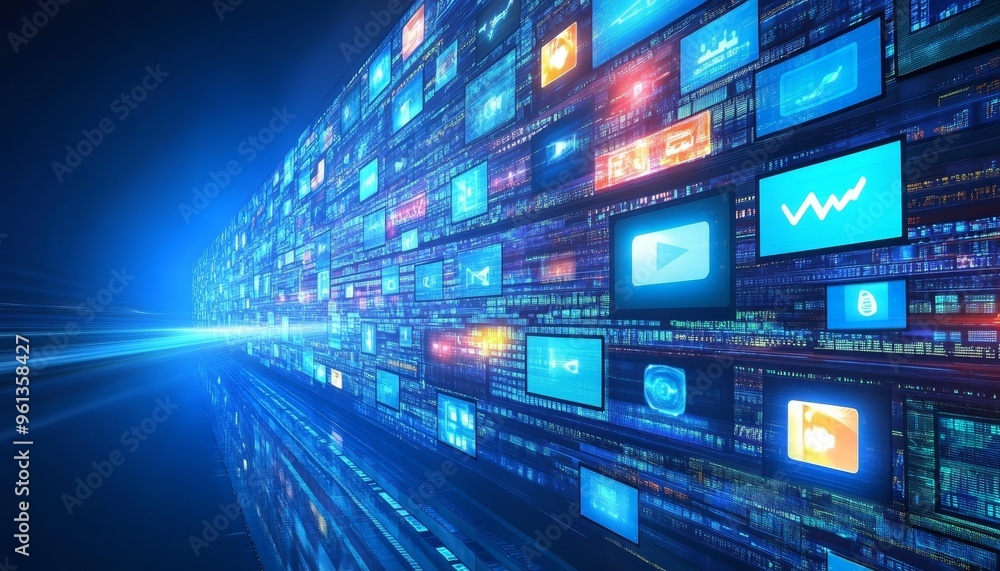 Social Media Wall With Digital Icons, Stream Of Information, Blockchain Technology, Information Flow Social Media Wall With Digital Icons, Stream Of Information, Blockchain Technology, Information Flow