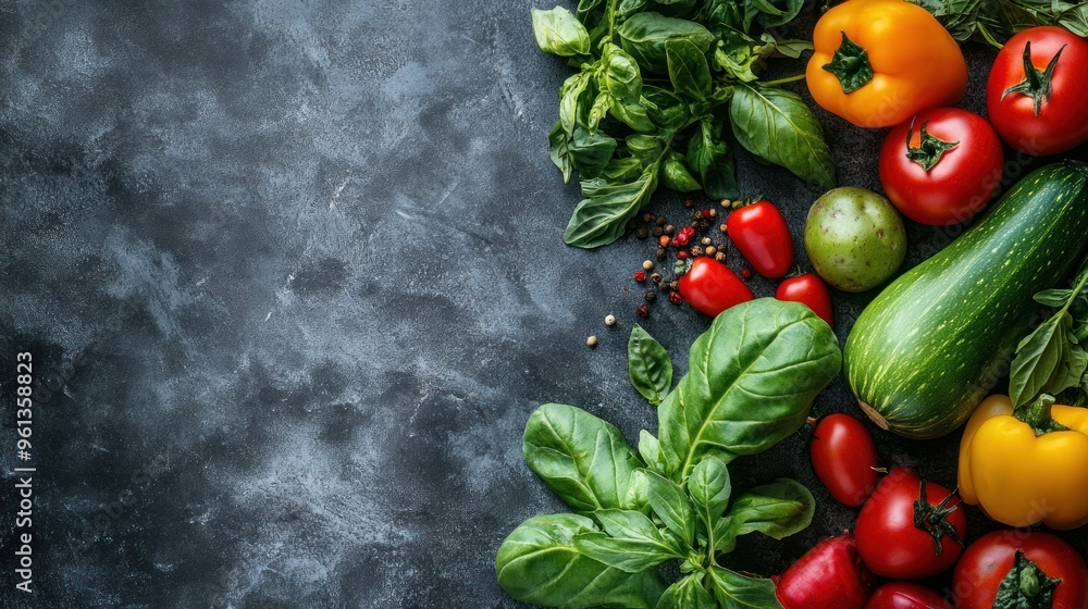 Fresh Vegetables, Green Basil, and Peppercorns on a Dark Background Fresh Vegetables, Green Basil, and Peppercorns on a Dark Background