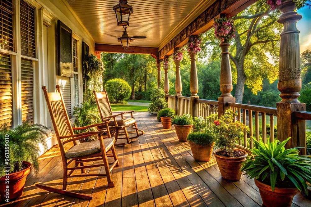 Warmly lit wooden porch with charming rocking chairs, lush greenery, and vintage decor, exuding classic Southern charm and tranquility on a sunny afternoon. Warmly lit wooden porch with charming rocking chairs, lush greenery, and vintage decor, exuding classic Southern charm and tranquility on a sunny afternoon.