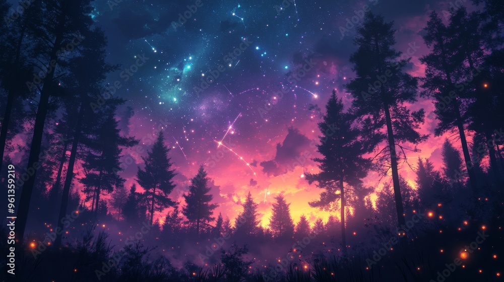 Obraz premium A magical forest at night with a starry sky and fireflies glowing in the grass. .