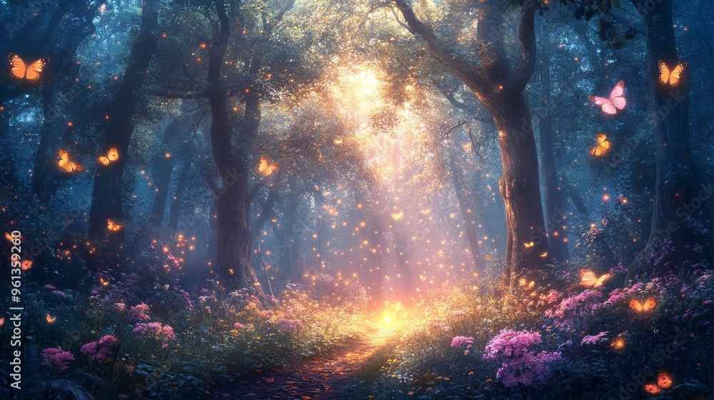 A magical forest path illuminated by fireflies and butterflies. . A magical forest path illuminated by fireflies and butterflies. .
