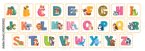 English alphabet flashcards with  cartoon animals and letters. Cute animal flash card set. Kawaii style animal themed cards. Abc learning for school or preschool kids.
