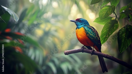 A vibrantly colored bird perches gracefully on a branch amidst the lush foliage of a tropical jungle, its plumage adorned with intricate patterns 