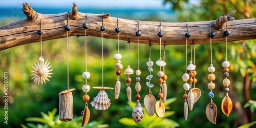 Weathered wooden wind chimes adorned with rustic metal accents and delicate shells hang serenely from a sturdy branch, swaying gently in the breeze. photo