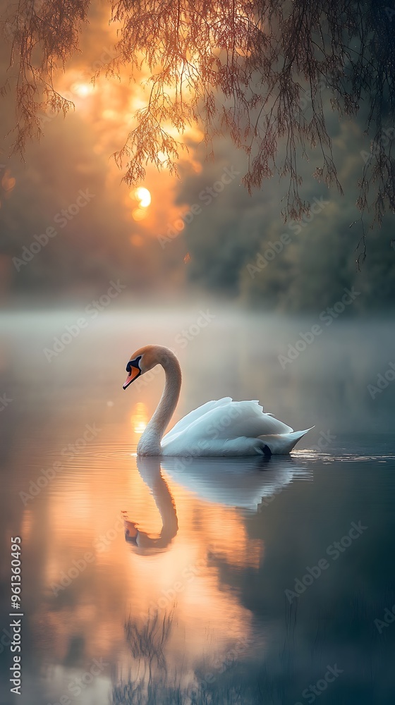 Fototapeta premium A swan swimming in a sunset lake with a misty morning and vibrant colors.