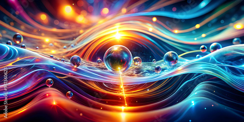 Abstract Flowing Energy: Vibrant, iridescent waves of light and energy converge, creating a mesmerizing abstract composition. Spheres of light and energy emerge from the swirling depths, symbolizing 