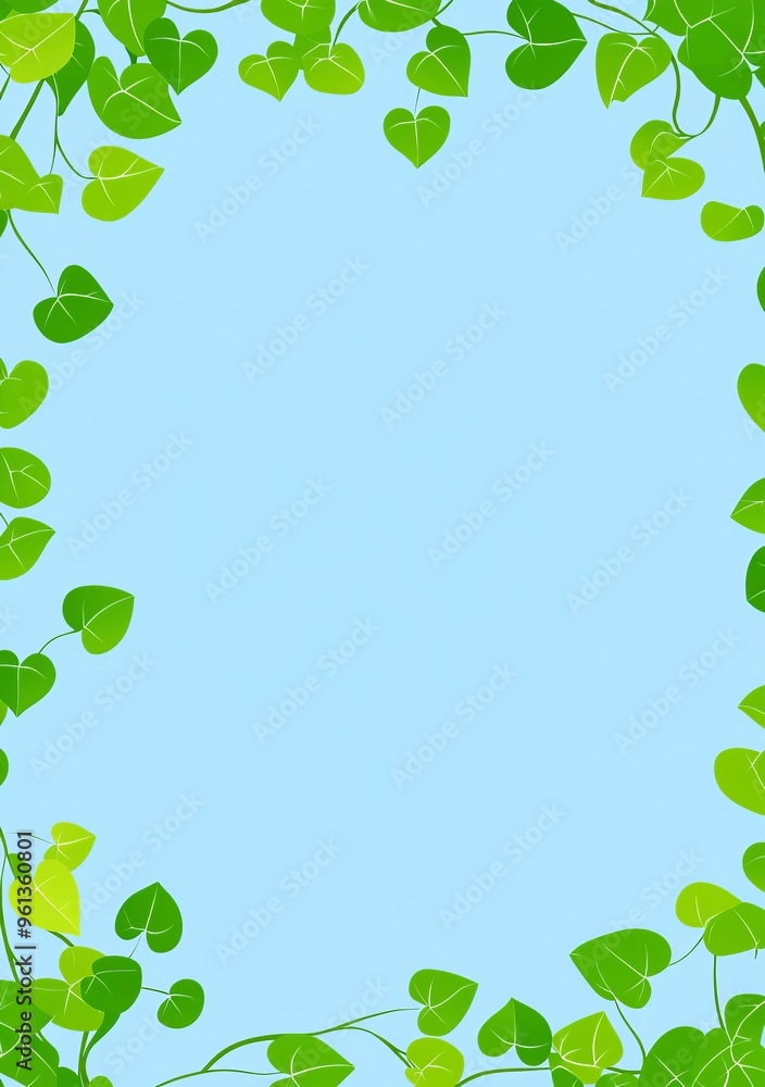 Two sprigs of green foliage with a central copy space on a blue background Two sprigs of green foliage with a central copy space on a blue background