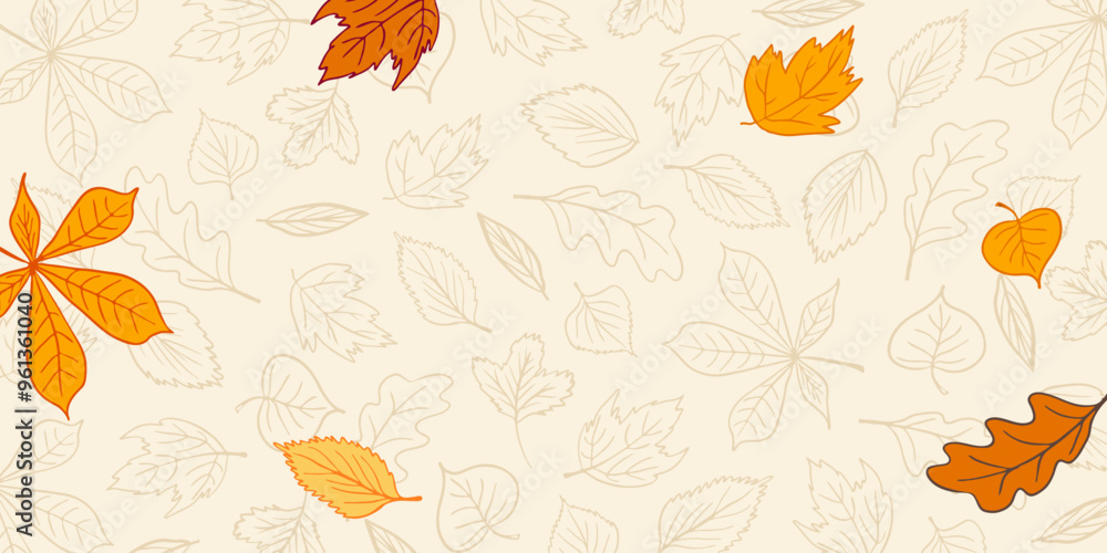 Obraz premium Line art illustration of fall leaves, perfect for seasonal autumn posters, banners, cards, and packaging design. Ideal for creative, decorative, and elegant projects.