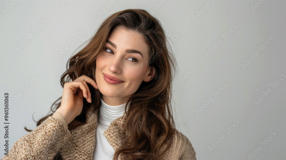A smiling woman with brown hair playfully touches her hair while wearing a warm sweater and jacket, exuding a cheerful vibe in a soft-lit space.