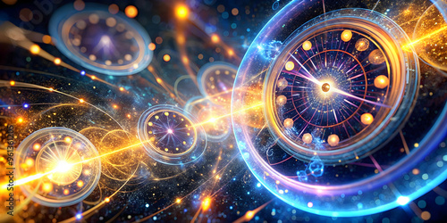 Time Warp Abstract: A mesmerizing abstract artwork depicting clocks in a swirling vortex of light and color, symbolizing the passage of time, the cyclical nature of existence, and the interconnectedne