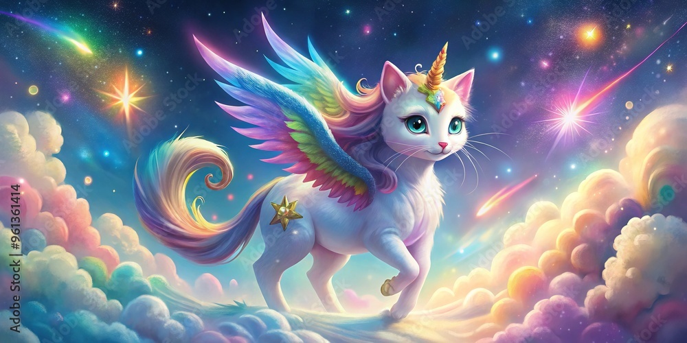 Whimsical illustration of a cat-unicorn hybrid, adorned with sparkling rainbow mane, wings, and stars, surrounded by swirling clouds and shimmering lights in pastel hues. Whimsical illustration of a cat-unicorn hybrid, adorned with sparkling rainbow mane, wings, and stars, surrounded by swirling clouds and shimmering lights in pastel hues.