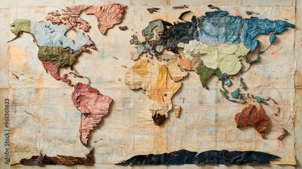 Naklejka premium Envision a world map made from recycled materials. The map features an eco-friendly design,