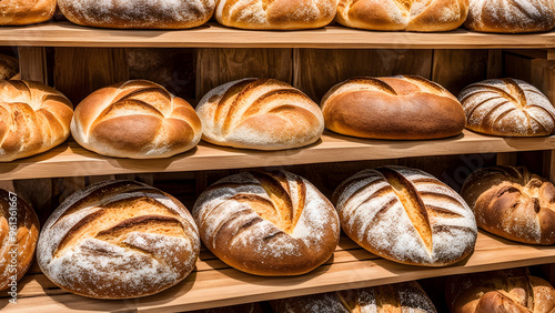 Close-up of artisan bread loaves on wooden shelving adding a rustic charm to a bakery's ambiance, ai