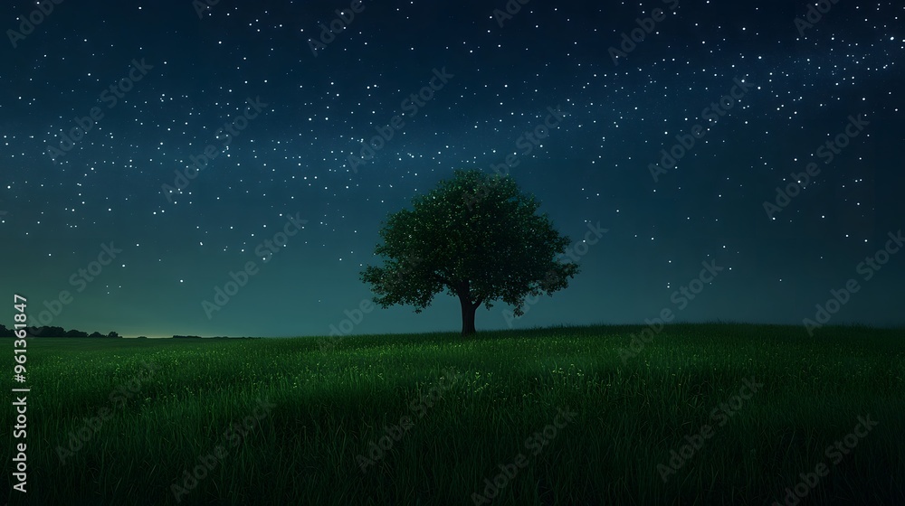 Beautiful Night Sky Over a Calm Green Field Beautiful Night Sky Over a Calm Green Field