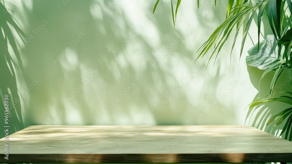 Wooden Table with Green Background and Palm Leaves Shadows Wooden Table with Green Background and Palm Leaves Shadows