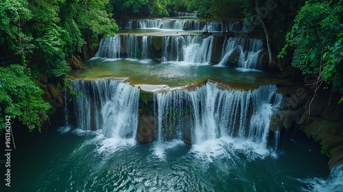 Lush Green Foliage Surrounds Cascading Waterfall in Tranquil Forest